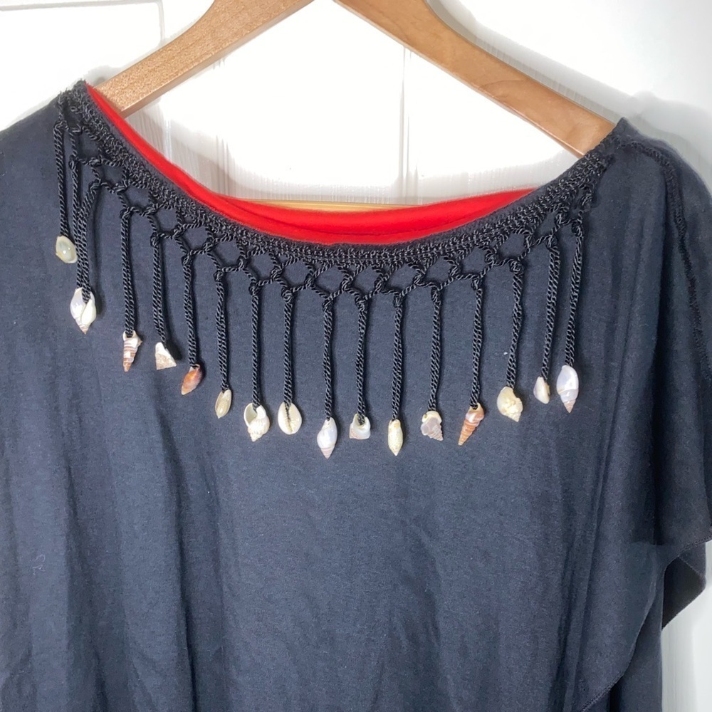 Vintage Beach Poncho Black & Red Swim Coverup, Seashell Fringe
